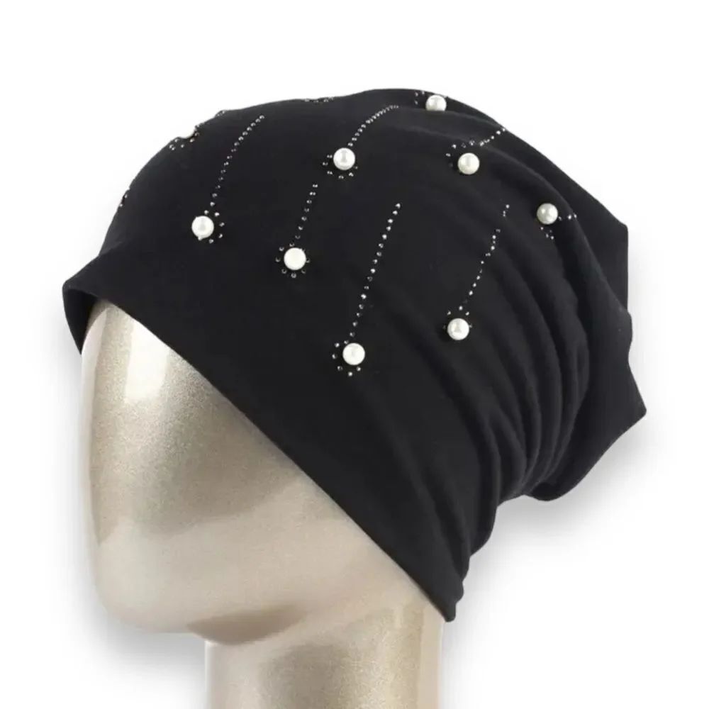 Black Jersey Beanie Cap Skull Cap Waterfall Rhinestone Pearls NWT